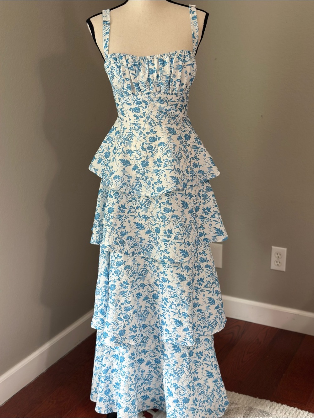 One and Only Collective Coquette Light Blue Floral Maxi Tierd Back Bow Dress